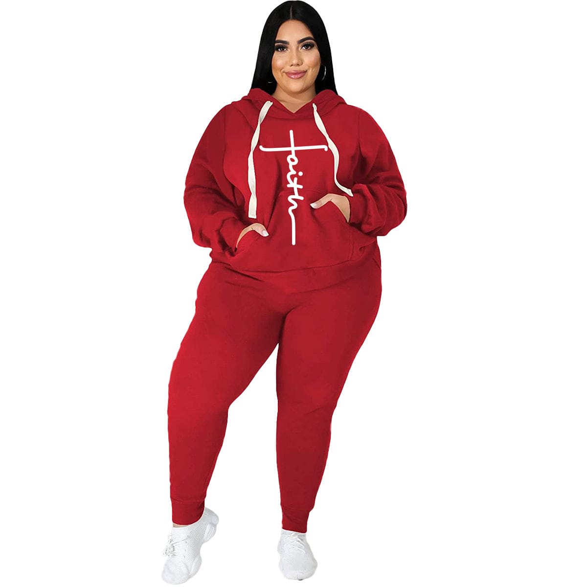 XL / Red Fashion 5Xl Plus Size Faith Set 2 Piece Casual Hoodie Sweatshirt And Joggers Fall Outfits 2022 Women Clothing