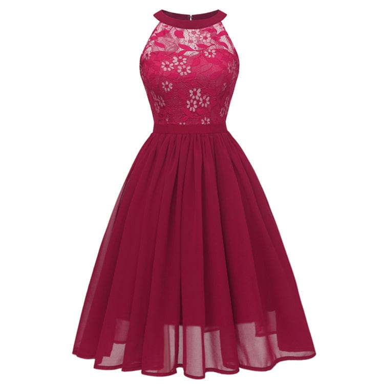 XL / Red New Style Summer Sleeveless Lace Embroidery woman Dress Halter Neck Dress Knee-length Ruched Bridesmaid Dresses With Zipper