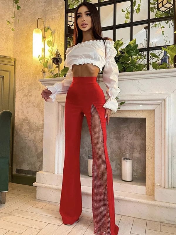 XL / Red Novance B3168 2023 New Arrivals Floor Length Mesh Beaded Red Pants Plus Size Women'S Pants & Trousers Casual Slim Ladies Pants