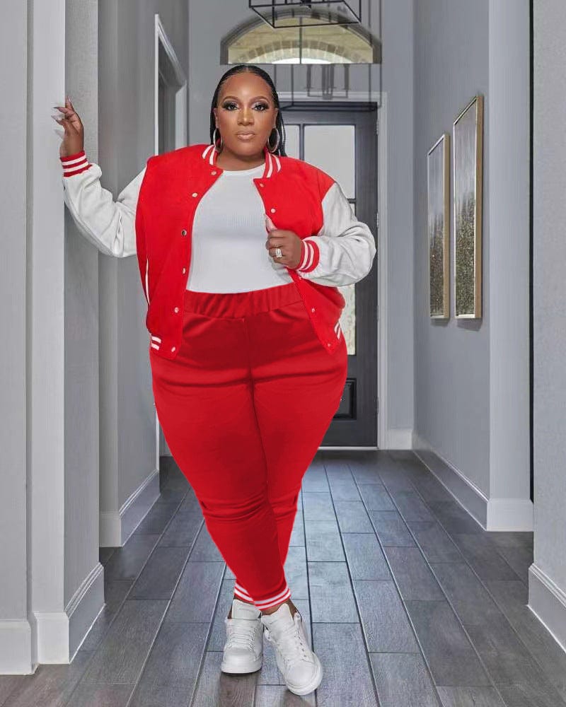 XL / Red Trendy Women Clothes Plus Size Double Thread Baseball Uniform Two Pieces
