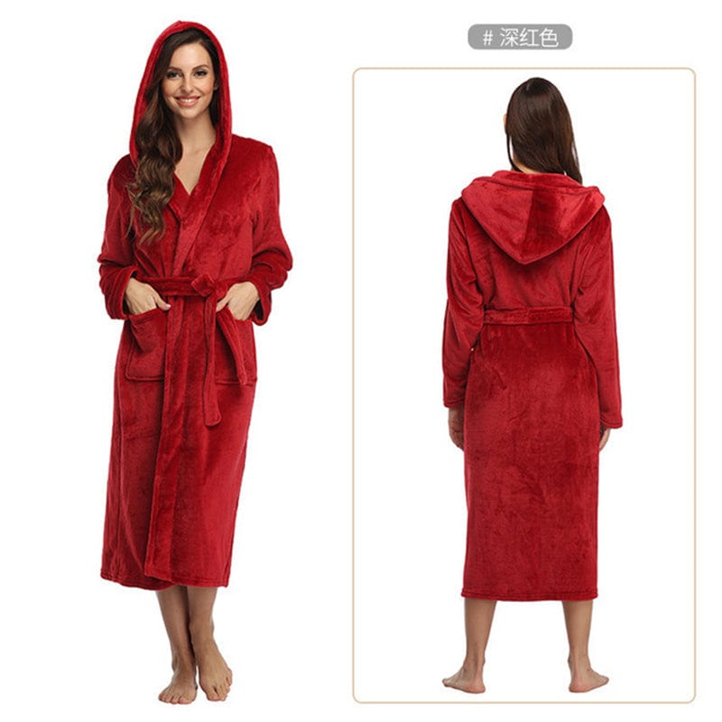 XL / Red unisex winter warm soft terry cloth flannel bathrobes women's warm plus size 1 piece long sleeve robe pajama gown for women
