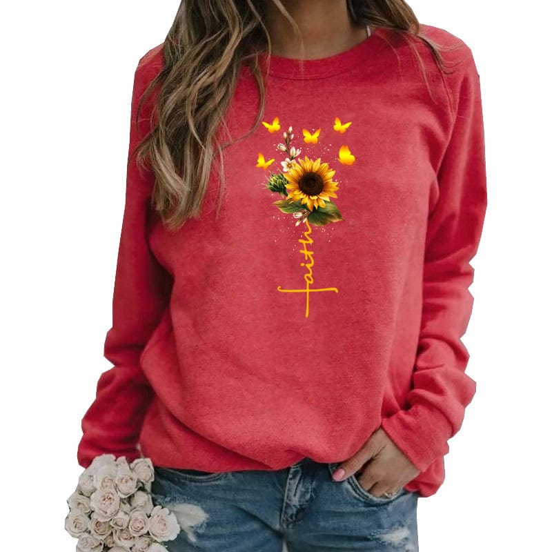 XL / Red vintage anime plain pullover oversized hoodie Sunflower faith women hoodies custom logo puff print y2k crewneck sweatshirt