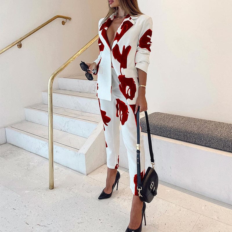 XL / Red ZL1793 Good quality Fall fashion american clothing 2 piece sets long sleeve vintage ladies suits casual office wear suit blazer