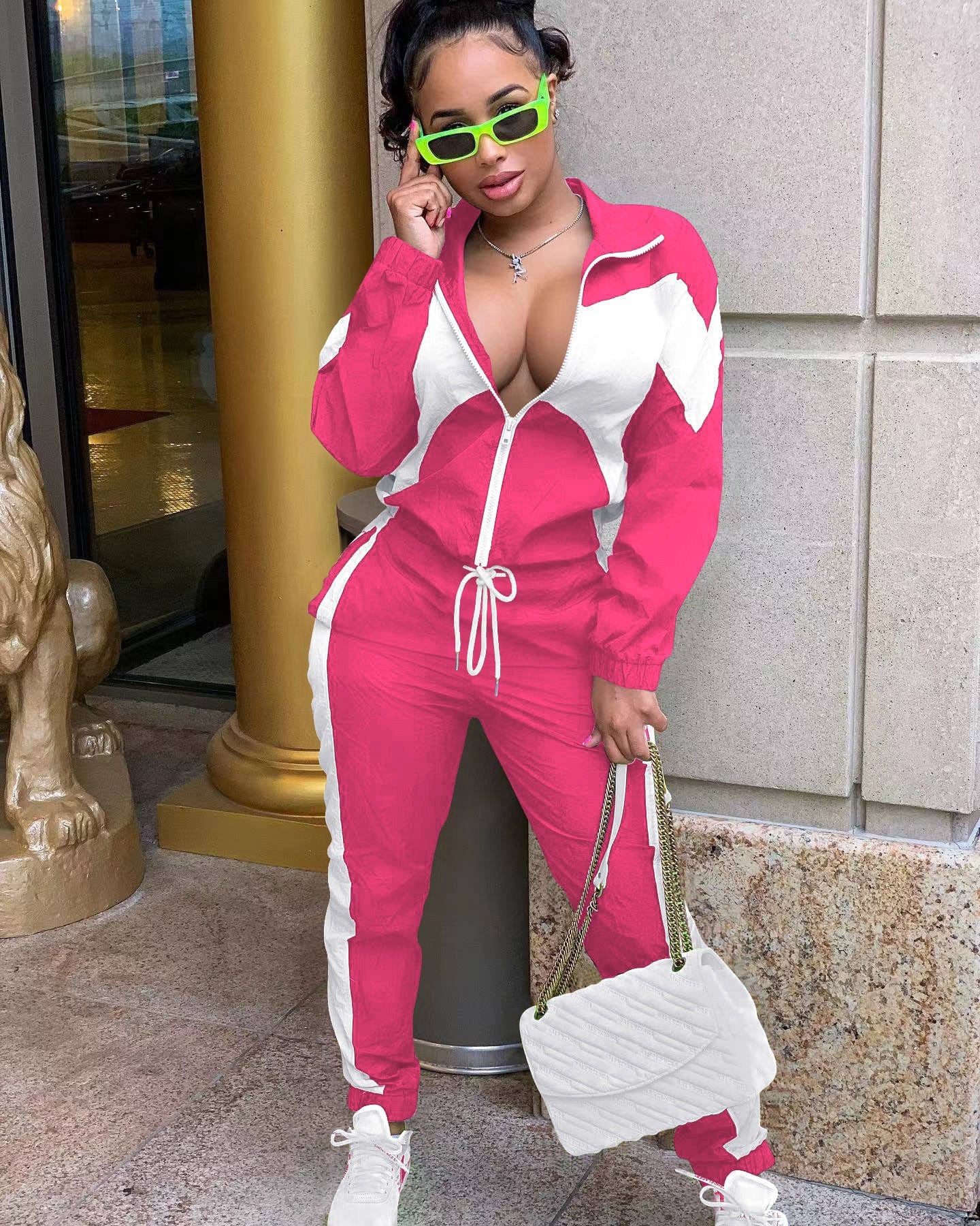 XL / Rose Madder Sharee spring 2023 women s clothing Contrast Color female sweatsuits ladies track suit 2 piece set