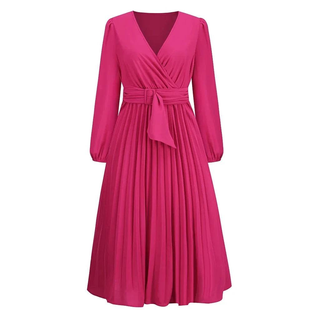 XL / Rose Madder Spring Autumn New Long Sleeve Slim Pleated Belt V-neck Women's A-line Dress Lantern Sleeve Evening Women Elegant Dresses