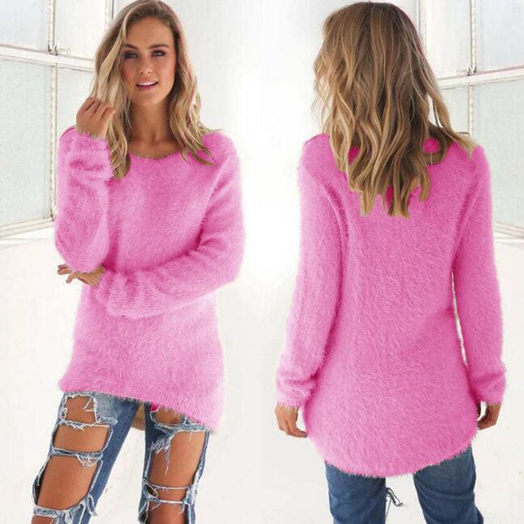 XL / Rose Pink 2022 Fall Fashion Ladies Solid Color Fleece Loose Sweater Top Women Winter Crewneck Long Sleeve Pullover Warm Sweaters for Woman