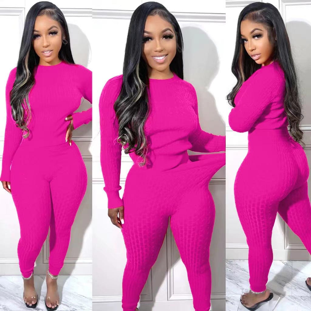 XL / Rose Red 2022 New Womens Clothing Knit Sweater Suits Two Piece Pants Set Women Sweater Suit Two Piece Pants Set