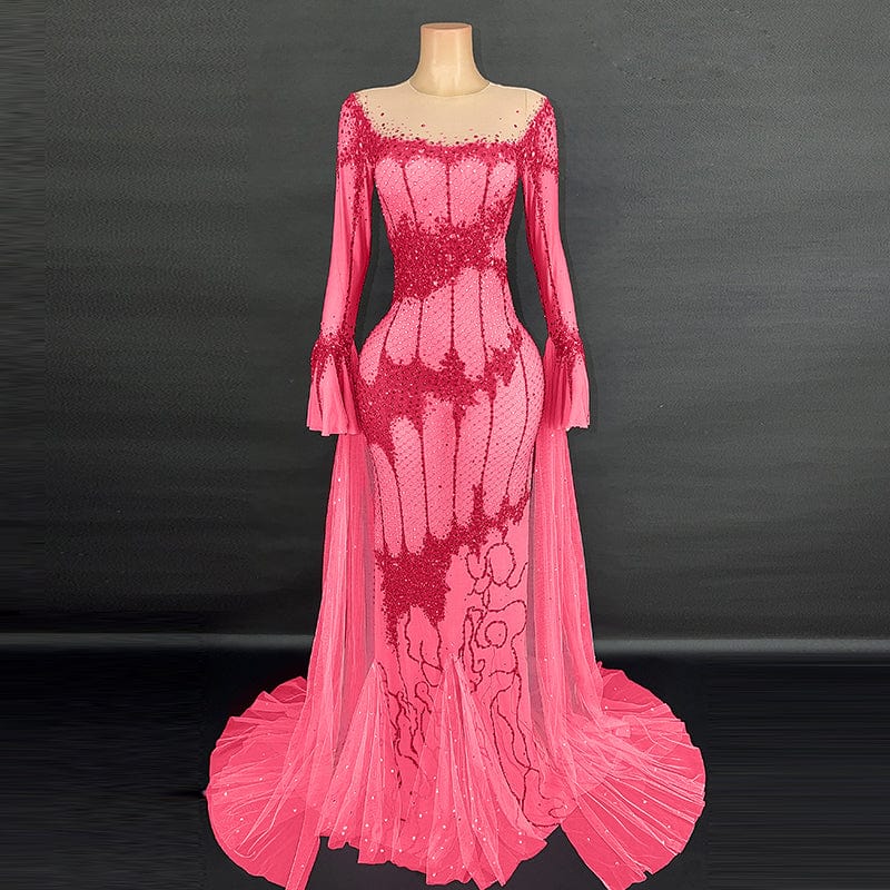 XL / rose red Novance Y2926 2023 Evening Dresses Blingbling Long Sleeves Elegant Evening Gown Dress Sexy Plus Size Wedding Party Women Dress