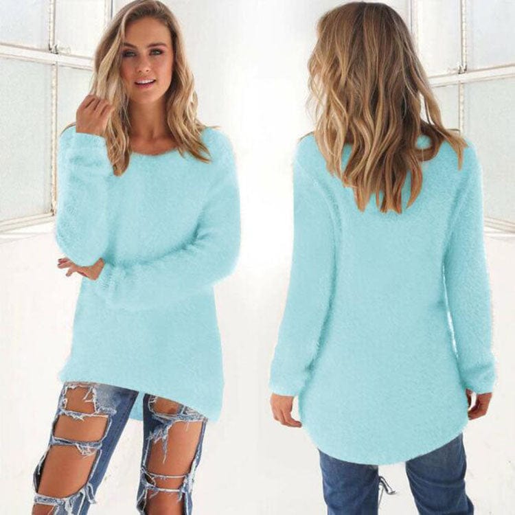 XL / Sky Blue 2022 Fall Fashion Ladies Solid Color Fleece Loose Sweater Top Women Winter Crewneck Long Sleeve Pullover Warm Sweaters for Woman