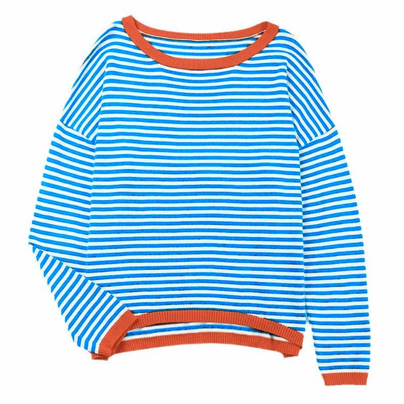 XL / Sky Blue S-XXL New Knitted Round Neck Sweater Casual Fashion Stripe Contrast Design Shoulder Drop Long Sleeve Top