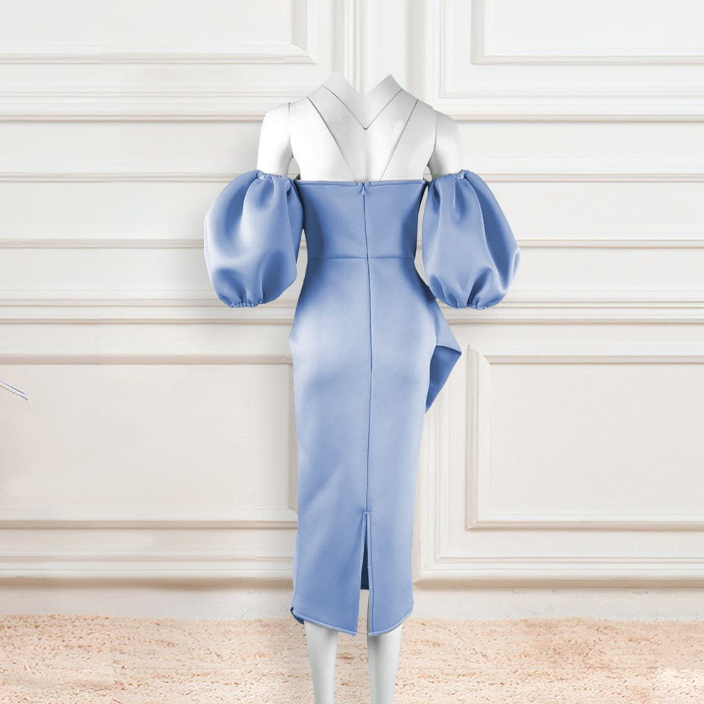 XL / Sky Blue Sexy Bodycon Off Shoulder Ruffle Lantern Sleeves Women Club Dresses