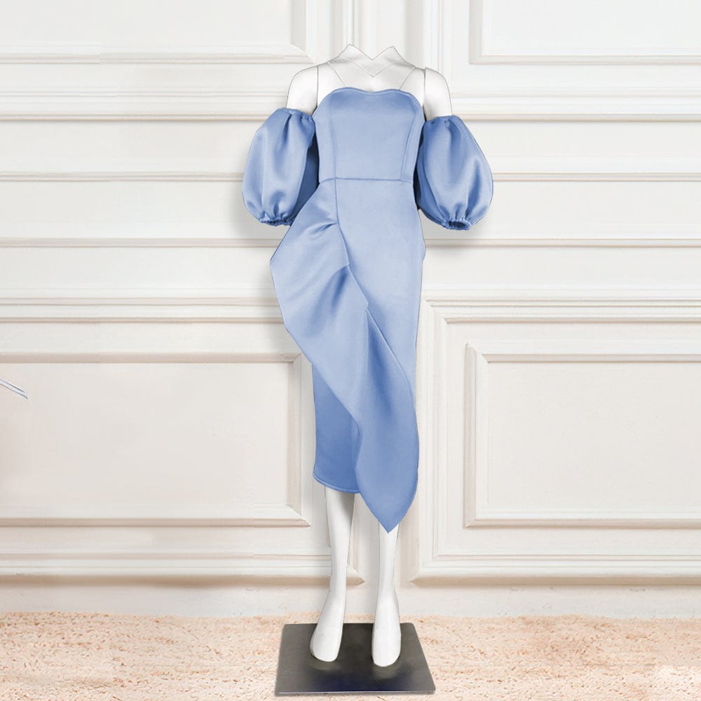 XL / Sky Blue Sexy Bodycon Off Shoulder Ruffle Lantern Sleeves Women Club Dresses