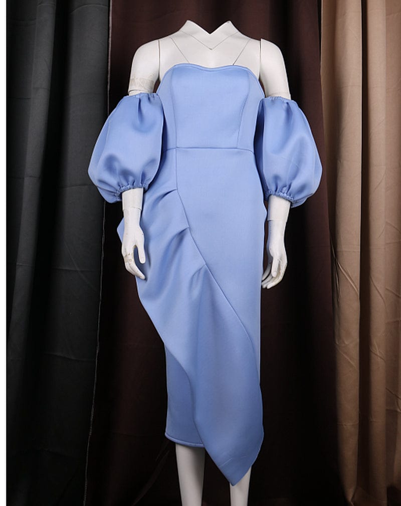 XL / Sky Blue Sexy Bodycon Off Shoulder Ruffle Lantern Sleeves Women Club Dresses