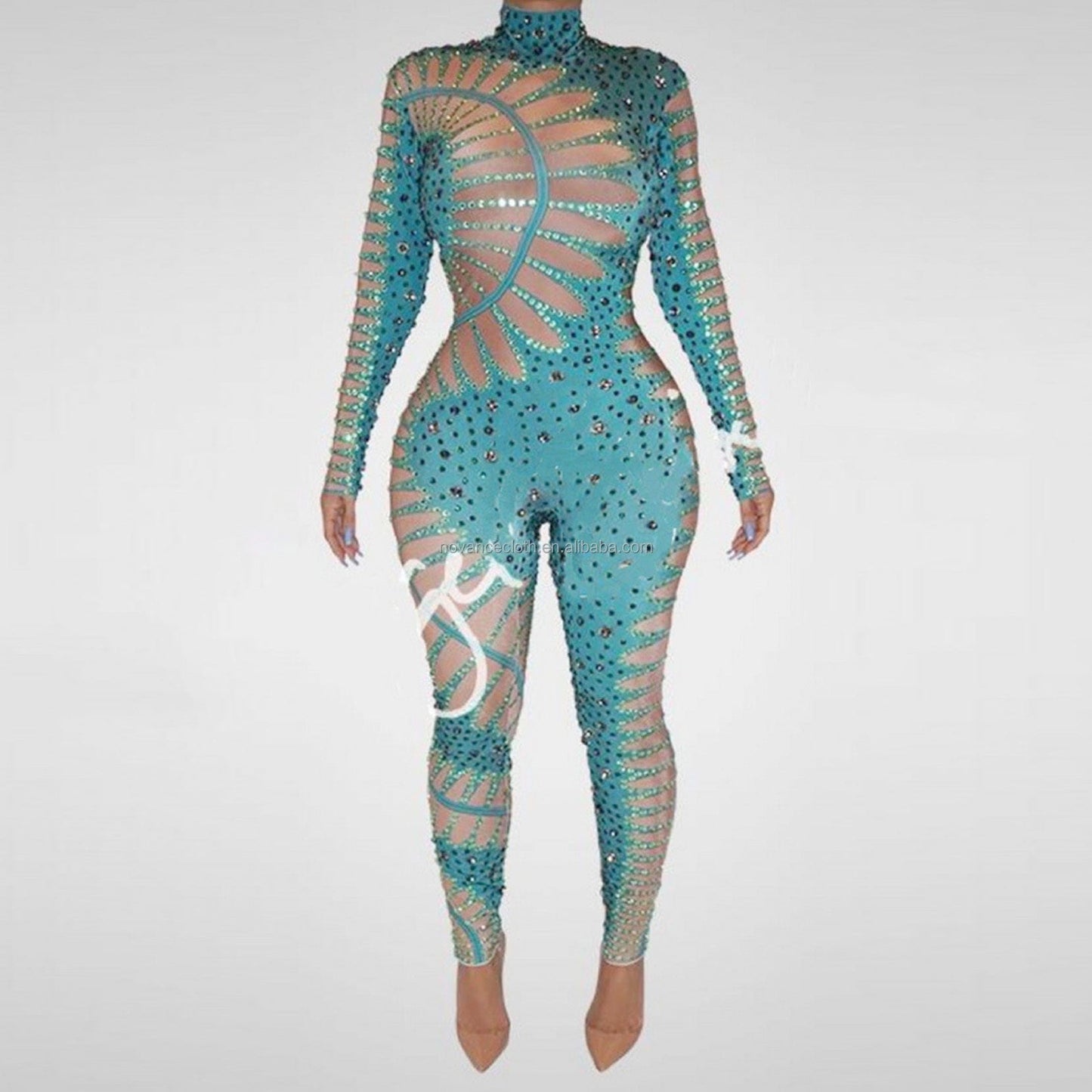 XL / Turquoise Novance Y1417 New Fashion 2022 Outfit Crystals Rhinestones Bodysuit Women Business Jumpsuit Slim Green Performance Stage Costume