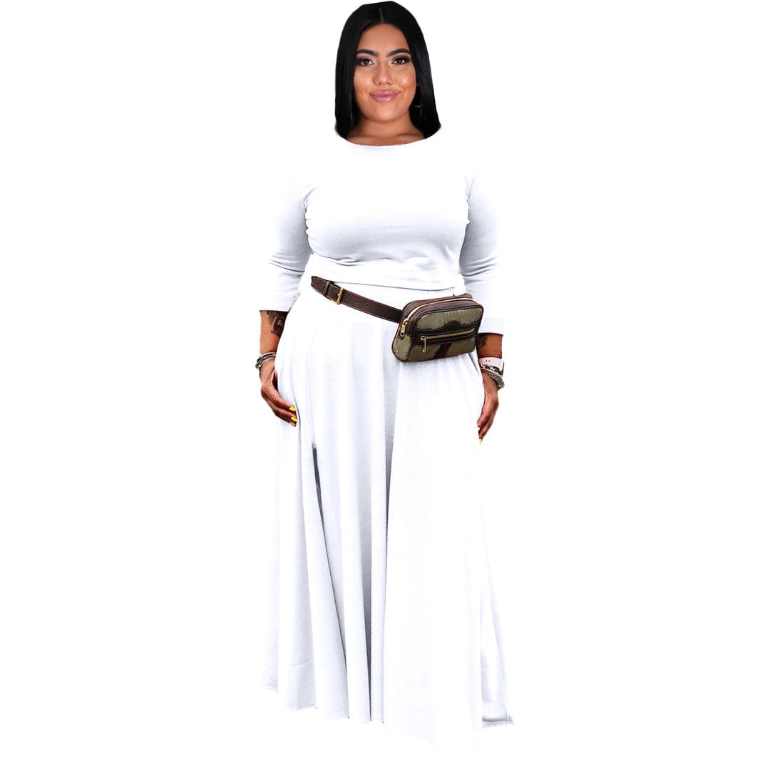 XL / White 2 Piece Sets Women Plus Size Fashion Casual Solid Basic O Neck Plus Size Two Pieces Skirts Set