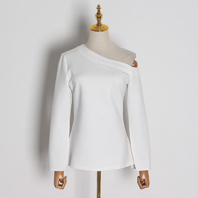 XL / White Bettergirl In-stock Wild Pure Color Hedging Split Oblique Shoulder Long Sleeve T-shirt Women's Knitted top