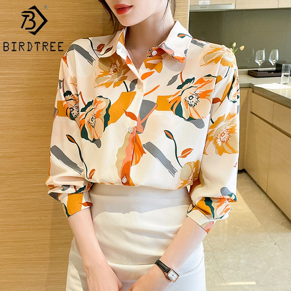 XL / White Chiffon Women Flower Printing Shirt 2022 Autumn PNew Style Long Sleeves Female Cheap Clothes Blouses Tops T27615X