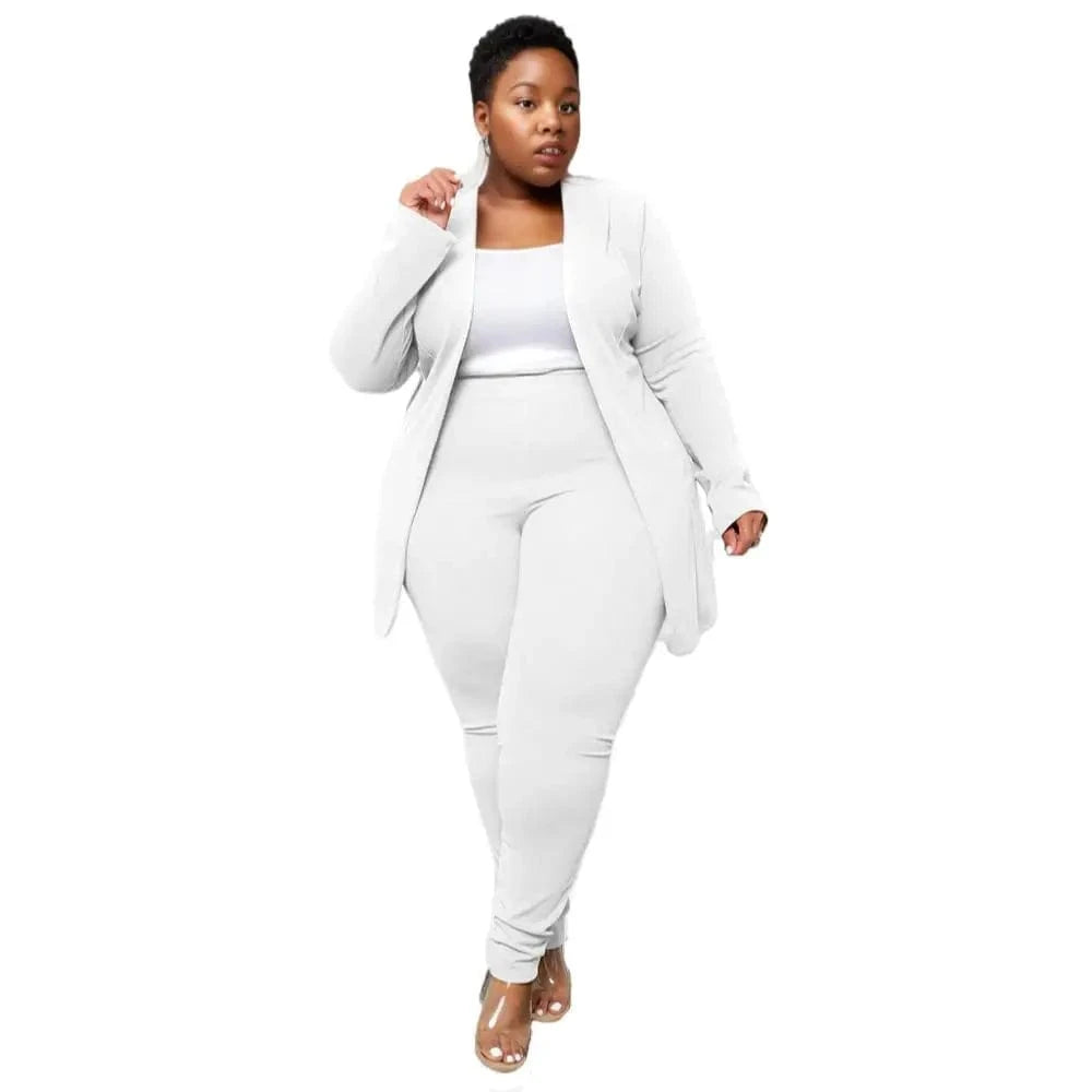 XL / White E0110ME11 Popular Plus Size Solid Color Long Sleeve Workout Office Style 2 Piece Blazer Suits Sets Women Sehe Fashion