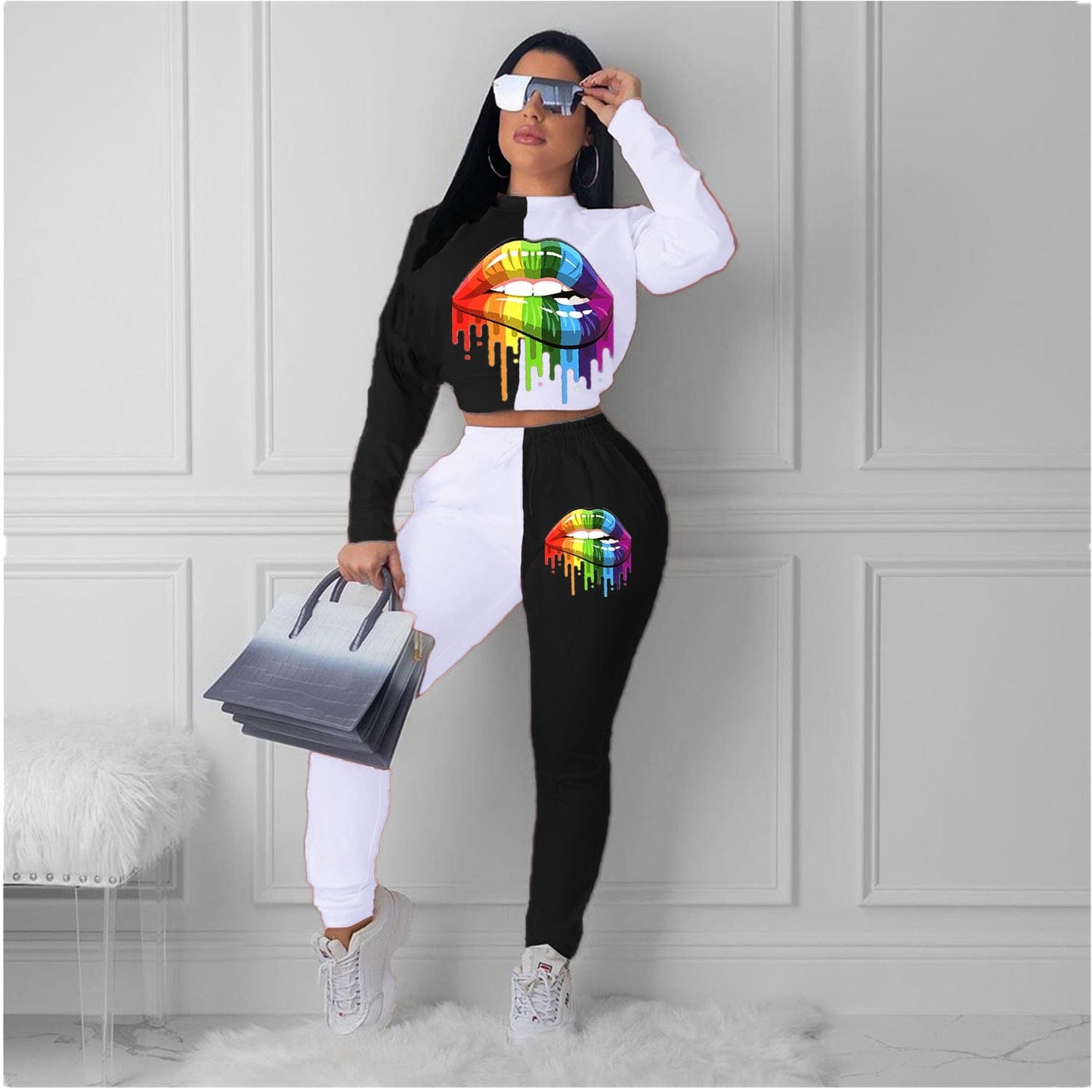 XL / White High Quality Custom Fall Street Wear Long Sleeve Stitching Color Crop Top Printed 2 Piece Pants Outfit Two Piece Sets For Women