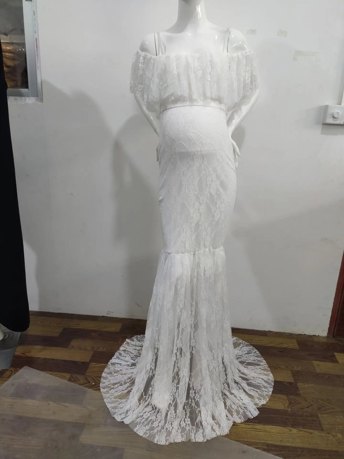 XL / White Lace Maternity Ruffle Long Maternity Dresses Photography Pregnant Floor Dress Wedding  Off-shoulder Plus Size White Purple Ball