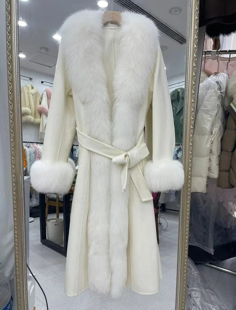 XL / White Luxury Extra Women Long Wool Coat Real Fox Fur Collar Cuffs Cashmere Coat with Belt