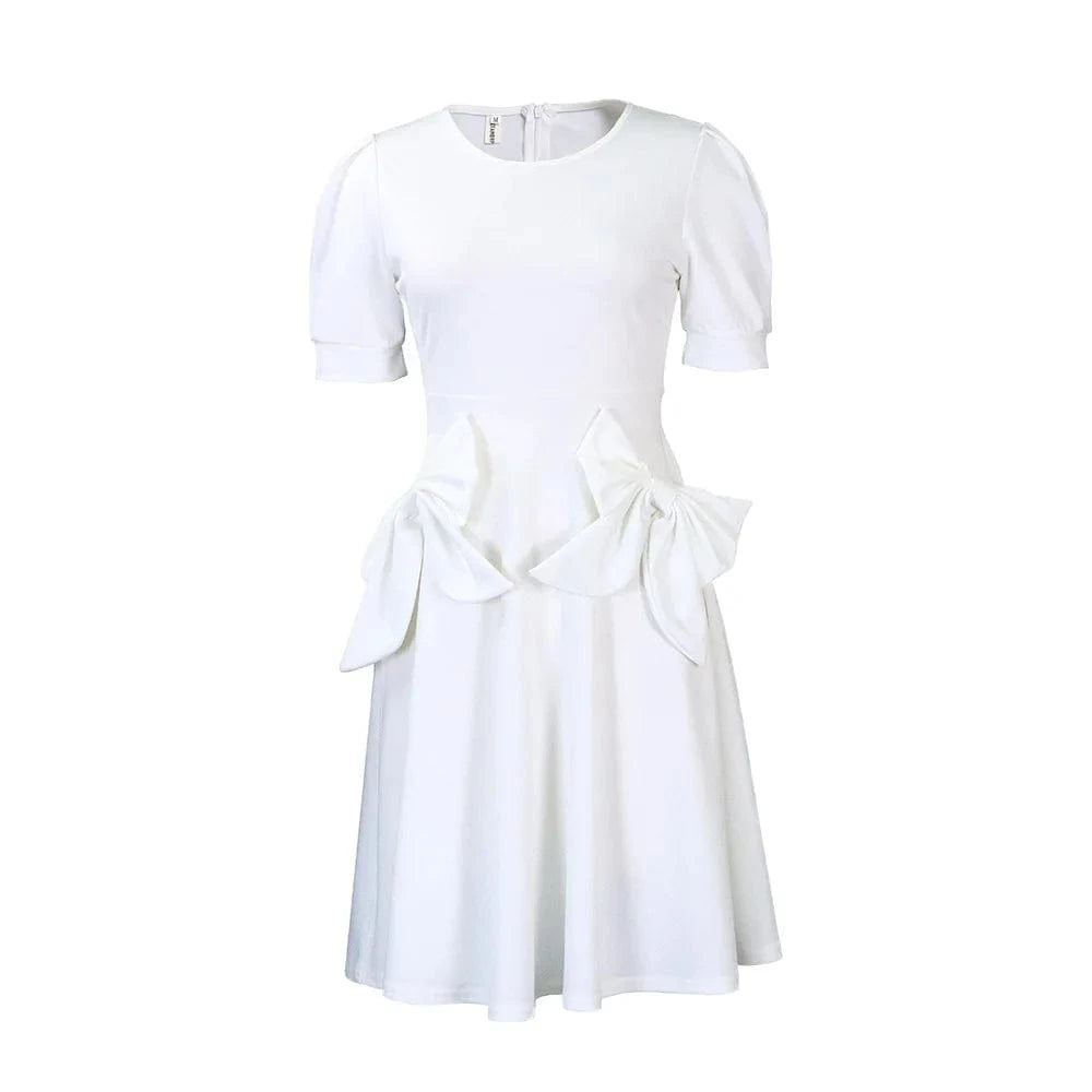 XL / White Plus Size African Dress Short Sleeve Bow A Line Ruffles Midi Dress Elegant Casual Career Formal Work Office Dresses Women