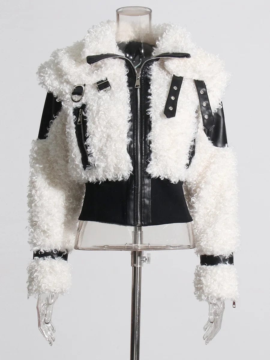 XL / White Streetwear Fashion Winter Clothing Motorcycle Furry Coats Fuzzy Zip Up PU Leather Bomber Women's Jackets