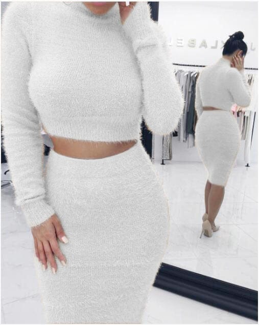 XL / White winter Pure color turtleneck long sleeve plush crop top female two piece sweater skirt for women