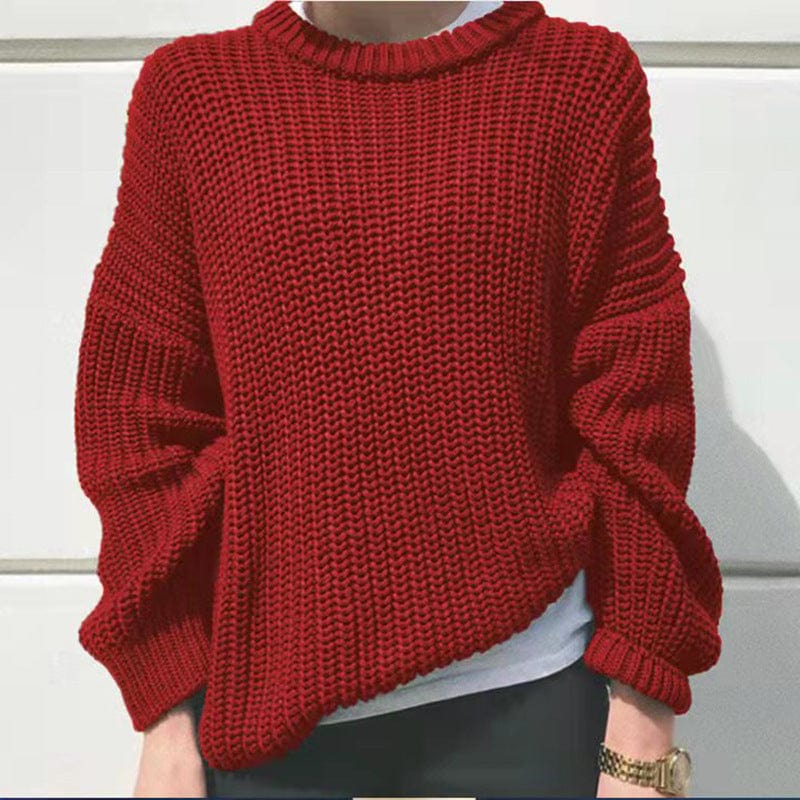 XL / Wine Red 2022 Women's Clothing Street Casual Loose Solid Color Round Neck Long Sleeve Knitted Sweater Pullover