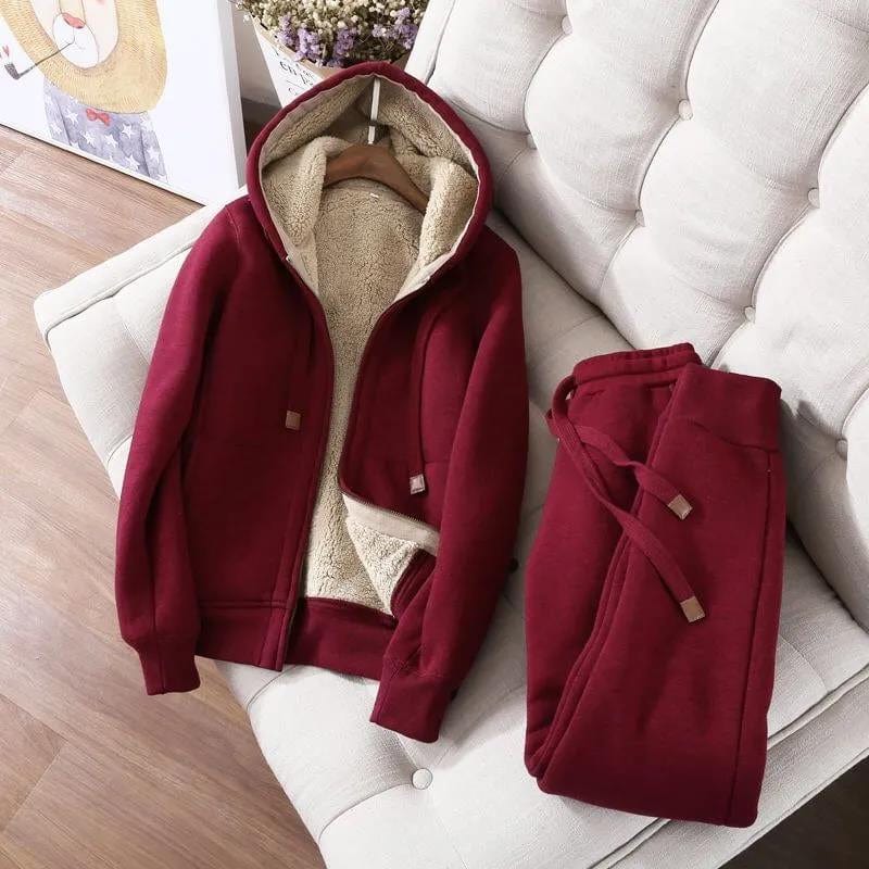XL / Wine red Large size sports suit with velvet padding for women Autumn/Winter 2022 new bf Korean casual 2 piece winter fashion set
