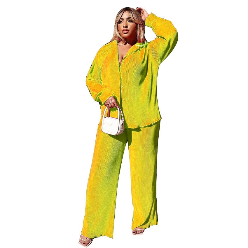 XL / Yellow 2022 Hot selling Women Spring Casual set Sexy Pleated Loose long sleeves Casual Multicolor Suit