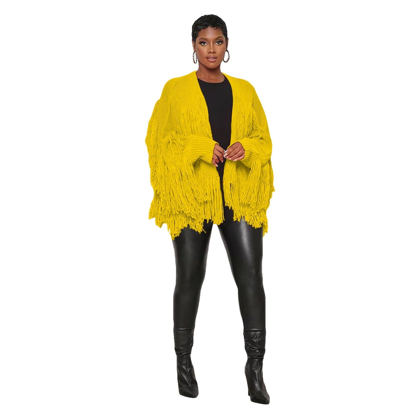 XL / Yellow C1103TA82 New Design Autumn Casual Solid Color Tassel Cardigans For Women Sehe Fashion