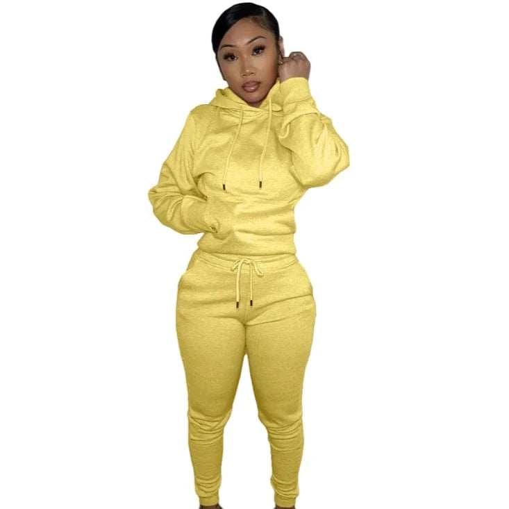 XL / Yellow European And American Women's Clothing Solid Color Casual Sports Jogger  Two Piece Hoodie Set