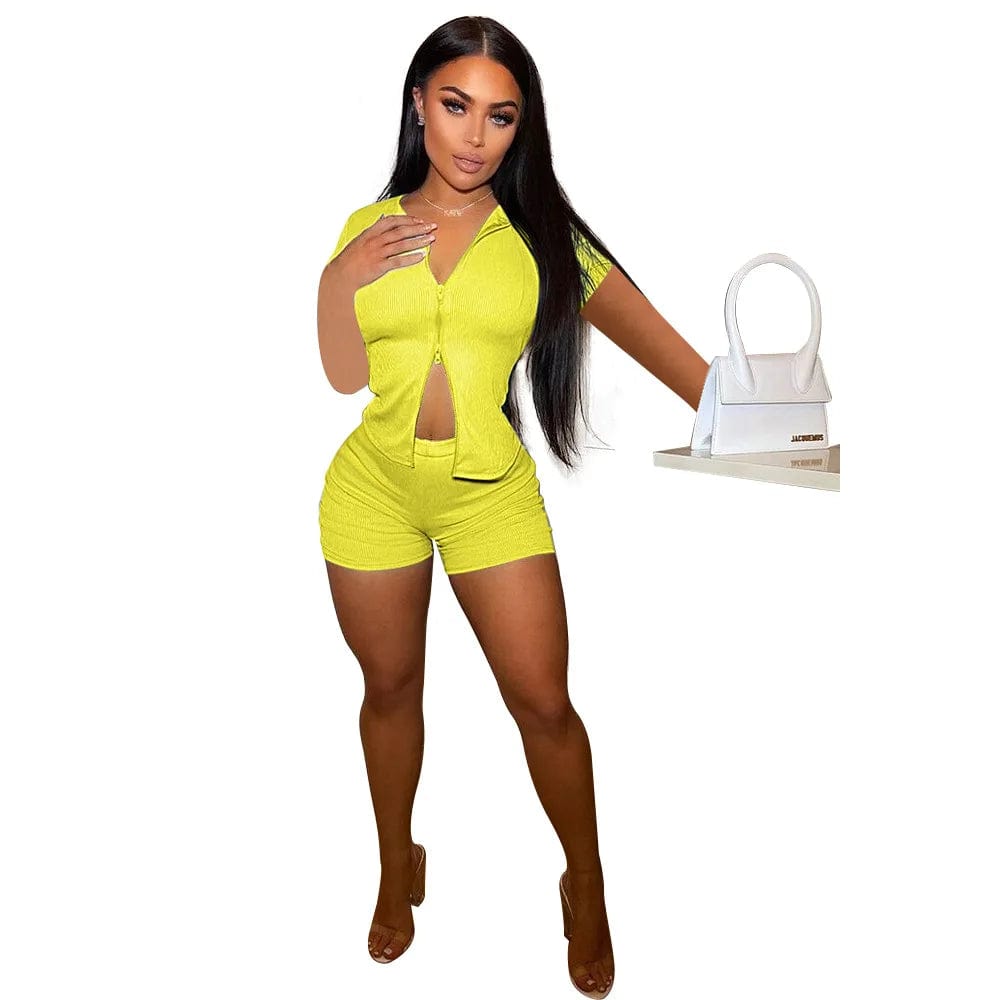 XL / Yellow Girl Summer Casual Sweat Ribbed Two Piece Short Set Women Clothing Zip Up Outfits Sexy Ladies Biker Shorts 2 Piece Outfits