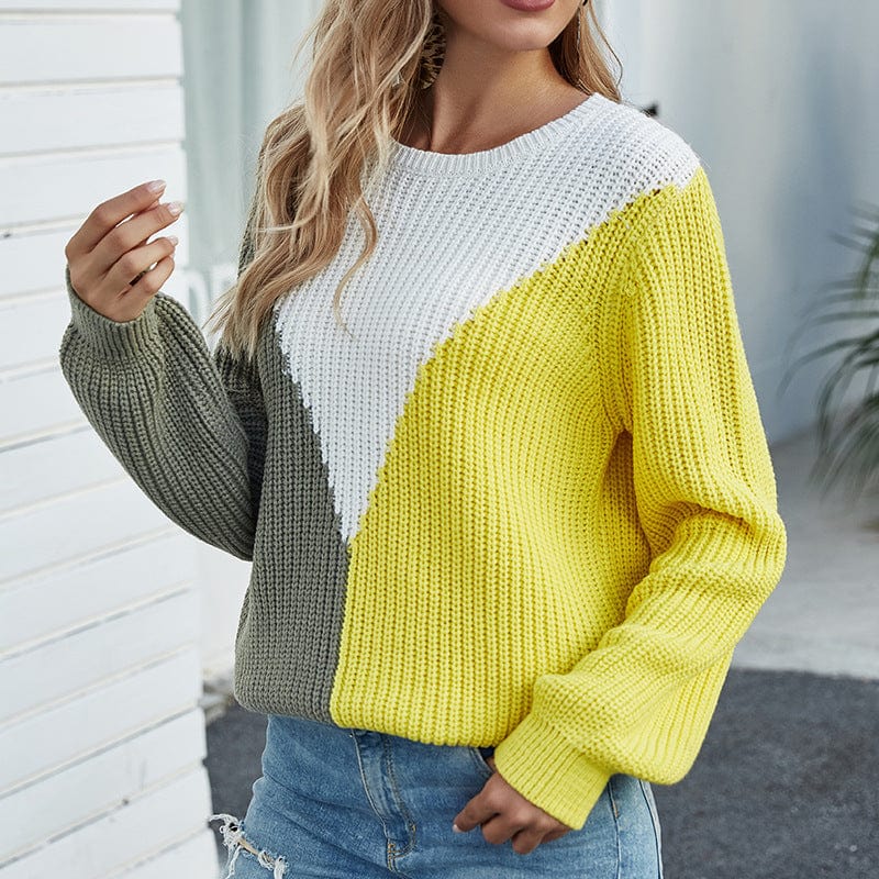 XL / Yellow Hot Loose Contrast Color Long Sleeves Knitwear 2022 Autumn And Winter New European American British Crew Neck Pullover Sweater