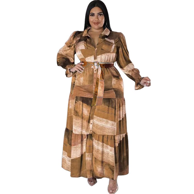 XL / Yellow J&H 2023 new arrivals plus size long sleeve maxi dress color block fashion fall dress with belt women long sleeve shirt dress