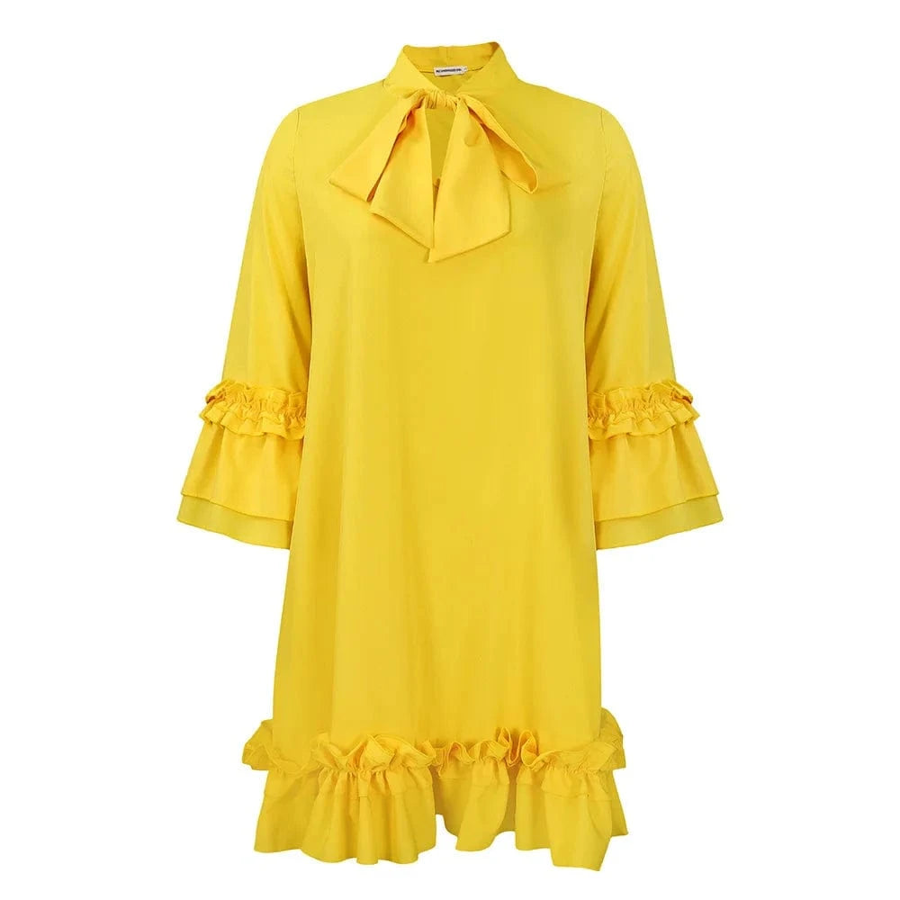 XL / Yellow Women's Loose Casual Plus Size Ruffle Sleeve Tie Solid Color Foreign Trade Dresses