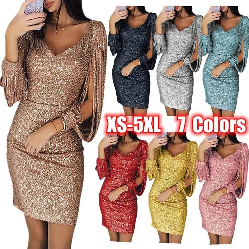 XS-5XL Women Sequins Glitter Dress Long Tassel Sleeve Mini Dresses Bling Bling Sexy V-Neck Lady Sparkle Prom Dress