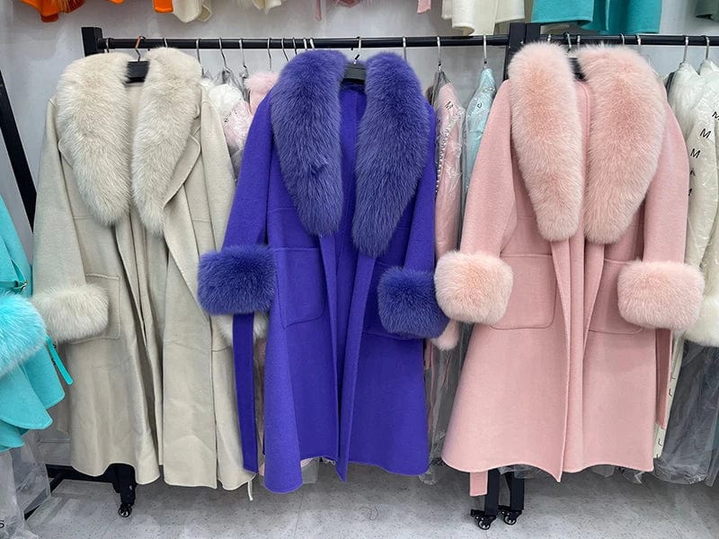 XS / Beige Detachable Fox Fur Collar Cuffs Cashmere Coat Women Elegant Long Wool Coat with Belt