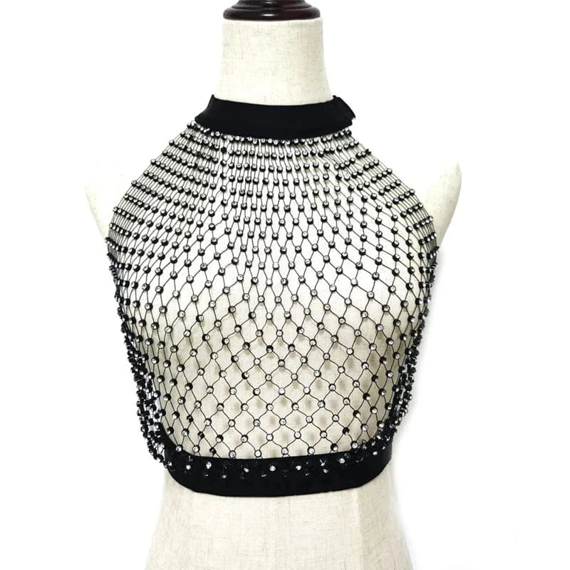 XS / Black/Clear Women Sexy Diamond Mesh Cover Up Tank Top Hollow Out Elastic Fishnet See Through Rhinestone Net Crop Top
