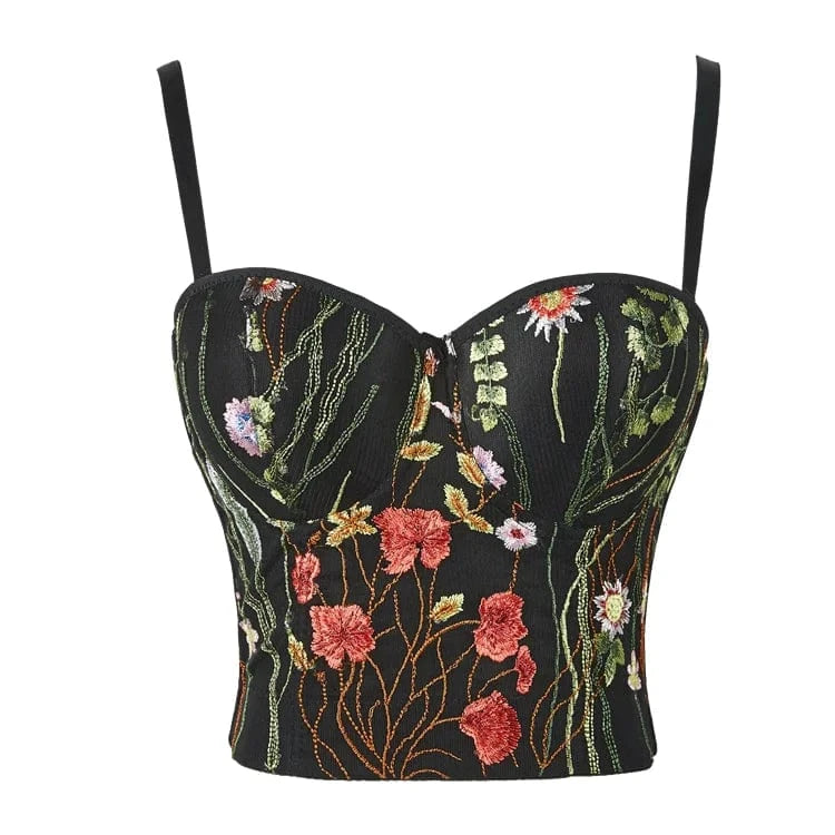 XS / Black In Stock V neck white embroidery short spaghetti strap stylish women vest crop tank top