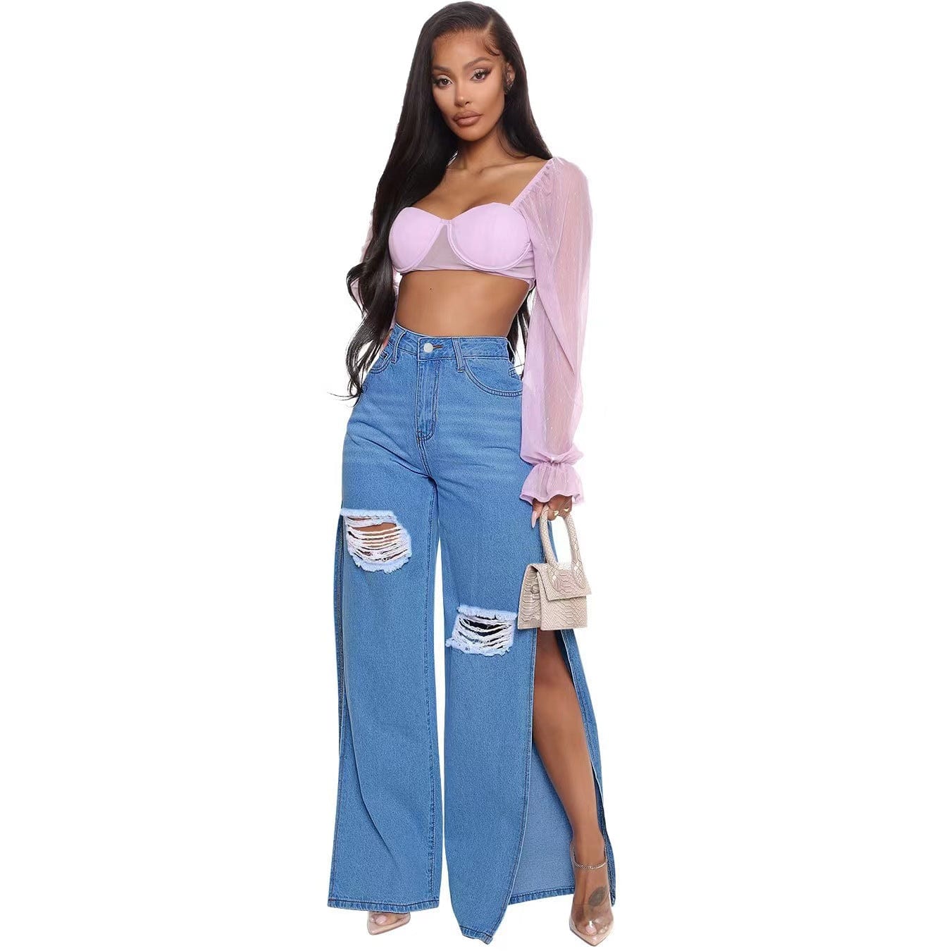 XS / Blue J&H 2023 new arrivals high waist wide leg jeans with high slit ladies chic ripped denim pants fashion causal trousers