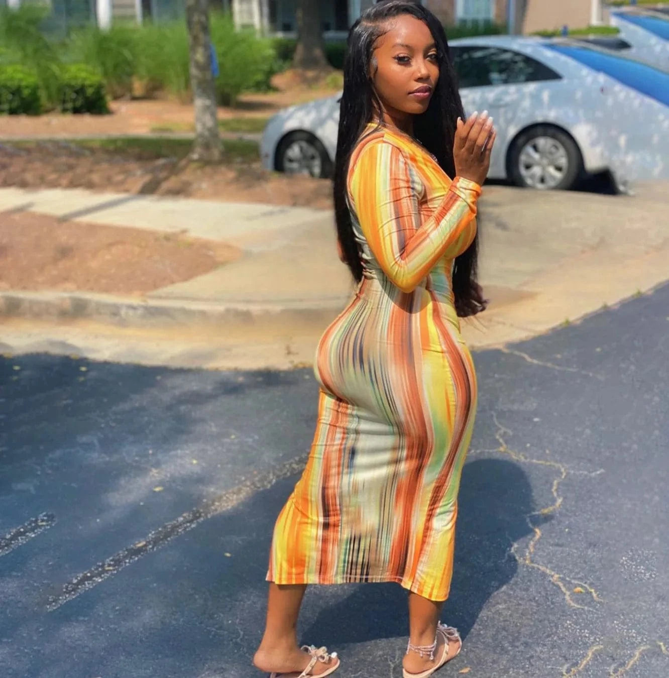 XS clothing Long Sleeve Dress with Slit Stretch Tight Midi Ladies Dresses Casual Women Colorful Bodycon Cheap Woman Dress