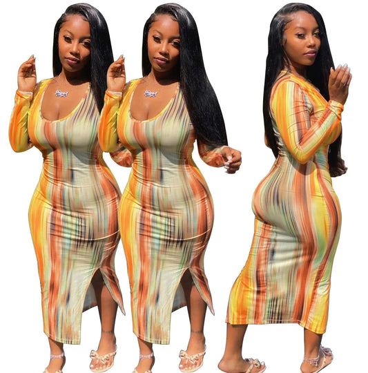XS clothing Long Sleeve Dress with Slit Stretch Tight Midi Ladies Dresses Casual Women Colorful Bodycon Cheap Woman Dress