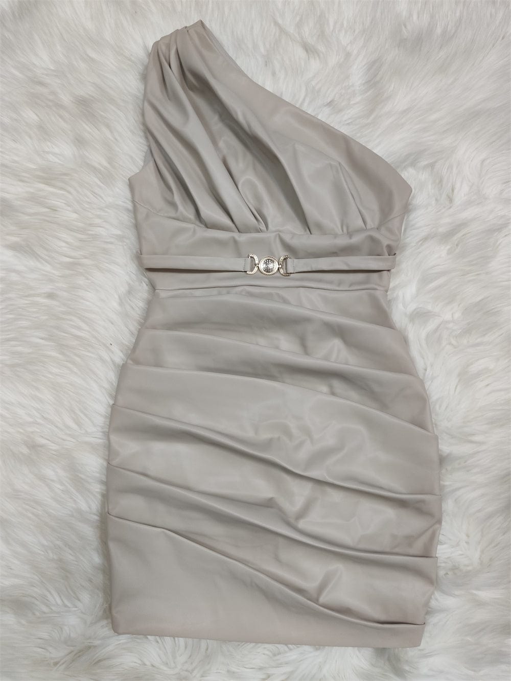 XS / Gray High Quality One Shoulder Celebrity Evening Party Elegant Club Party PU Leather Dress