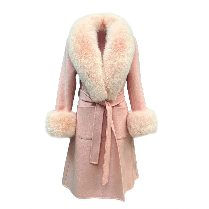 XS / Pink Detachable Fox Fur Collar Cuffs Cashmere Coat Women Elegant Long Wool Coat with Belt