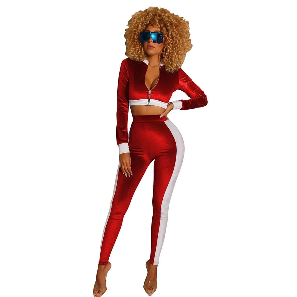 XS / Red Active Wear Velvet Joggers 2 Piece Set Sport Wear Cropped Sweatshirts Hoodies Female Set Ladies Crop Top Hoodies Set