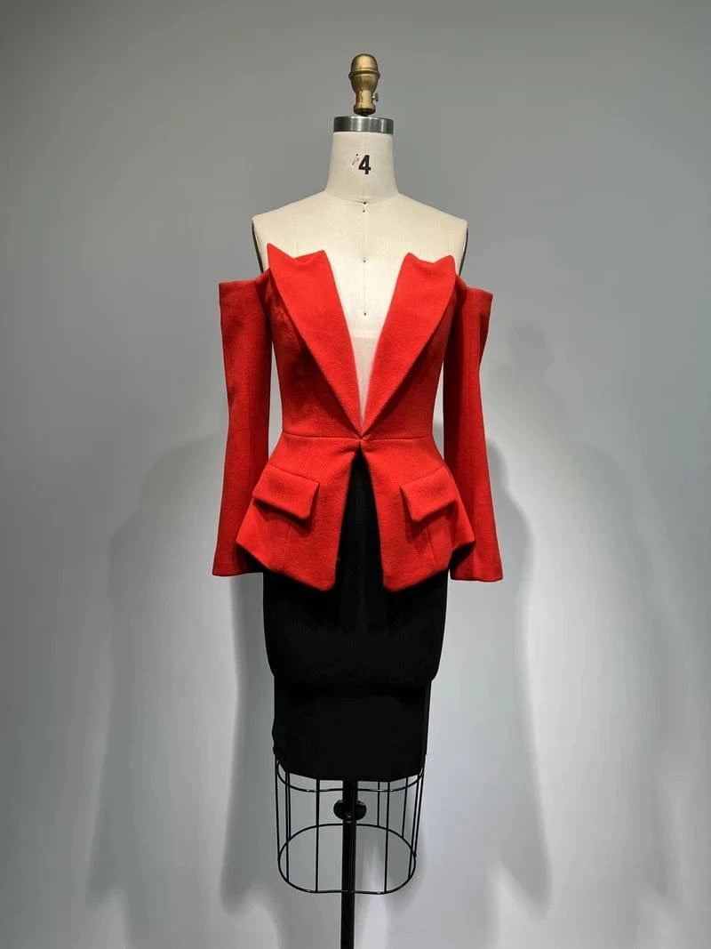 XS / Red+Black New Fashion Business Wear Long Sleeve Mini Top+Slim Black Skirt Two Pieces Suit Set Casual Blazer
