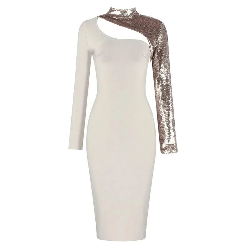 XS / White D8199 ladies Sexy one shouldered long sleeved sequin hollowed fish scale bandage cocktail dress
