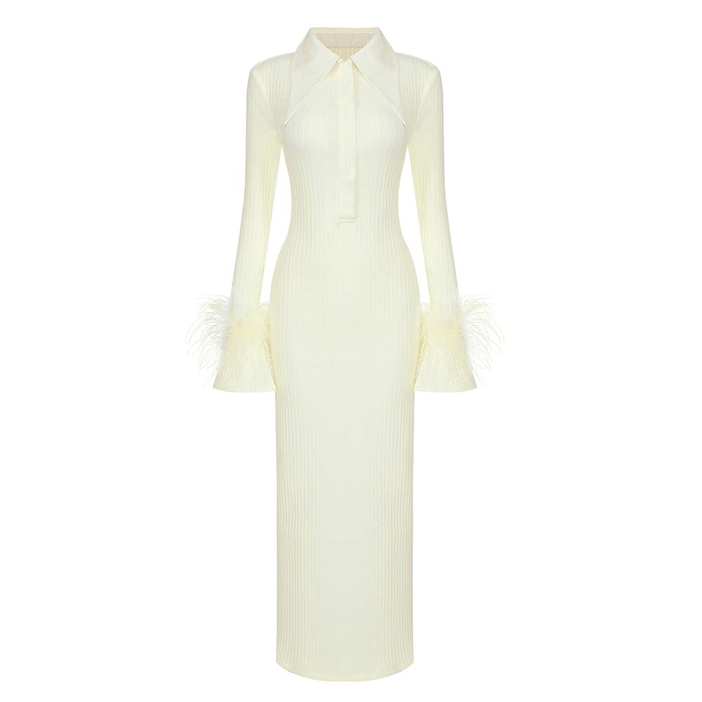 XS / Yellow BD2315 2022 Fashion Style Long Sleeve Feather Stand Solid Color Bandage Stretch Fabric Winter Bodycon